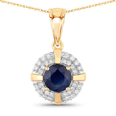 1.71 Carat Genuine Blue Sapphire and White Diamond 10K Yellow Gold Pendant