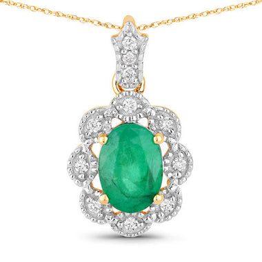 0.79 Carat Genuine Zambian Emerald and White Diamond 10K Yellow Gold Pendant