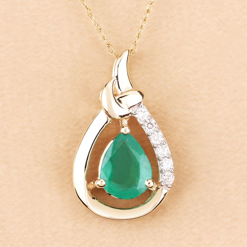 1.18 Carat Genuine Zambian Emerald and White Diamond 10K Yellow Gold Pendant