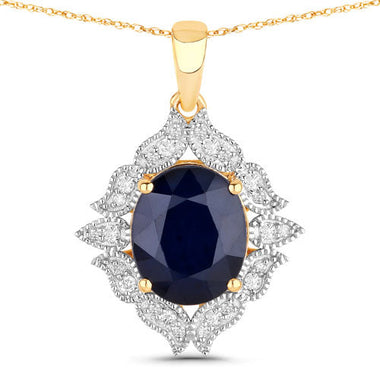 6.44 Carat Genuine Blue Sapphire and White Diamond 14K Yellow Gold Pendant