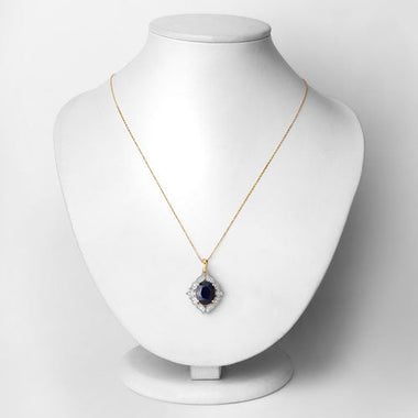 6.44 Carat Genuine Blue Sapphire and White Diamond 14K Yellow Gold Pendant - 0