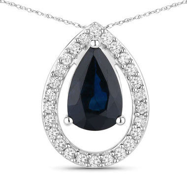 1.15 Carat Genuine Blue Sapphire and White Diamond 14K White Gold Pendant