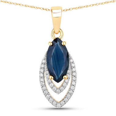1.42 Carat Genuine Blue Sapphire and White Diamond 14K Yellow Gold Pendant