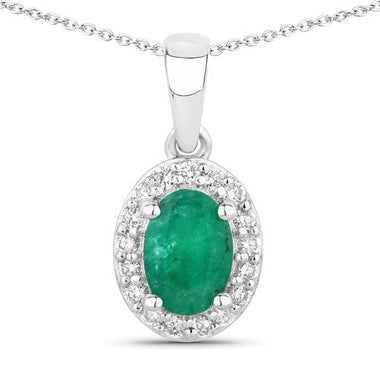 0.89 Carat Genuine Zambian Emerald and Lab Grown Diamond .925 Sterling Silver Pendant