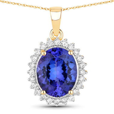 4.68 Carat Genuine Tanzanite and White Diamond 14K Yellow Gold Pendant