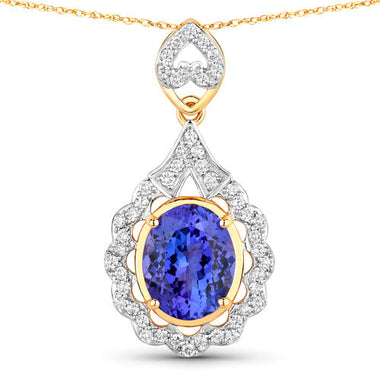 4.40 Carat Genuine Tanzanite and White Diamond 14K Yellow Gold Pendant