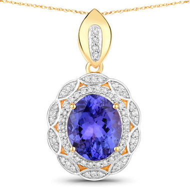 4.13 Carat Genuine Tanzanite and White Diamond 14K Yellow Gold Pendant