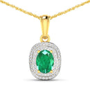 1.50 Carat Genuine Zambian Emerald and White Diamond 14K Yellow Gold Pendant-4