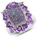 5.97 Carat Genuine Drusy Quartz and Amethyst .925 Sterling Silver Ring-5