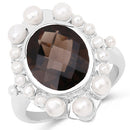 5.75 Carat Genuine Smoky Quartz and Pearl .925 Sterling Silver Ring-4