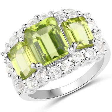 6.00 Carat Genuine Peridot and White Topaz .925 Sterling Silver Ring