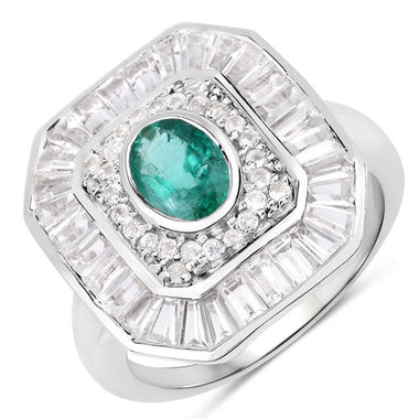3.14 Carat Genuine Zambian Emerald and White Topaz .925 Sterling Silver Ring - 0