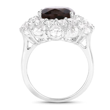 9.29 Carat Genuine Smoky Quartz and White Topaz .925 Sterling Silver Ring - 0