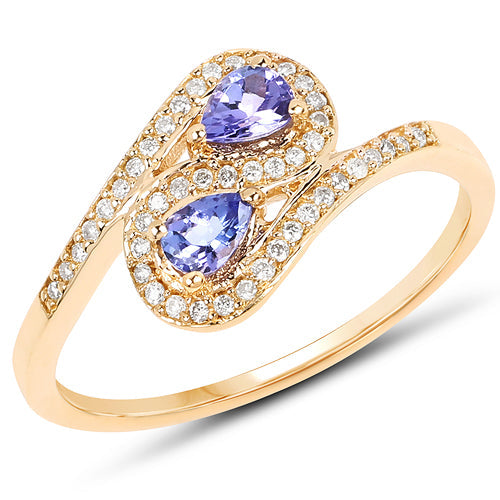 0.42 Carat Genuine Tanzanite and White Diamond 14K Yellow Gold Ring