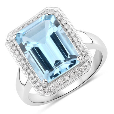 5.81 Carat Genuine Blue Topaz and White Diamond .925 Sterling Silver Ring - 0