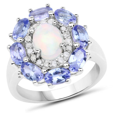 3.05 Carat Genuine Ethiopian Opal, Tanzanite and White Diamond .925 Sterling Silver Ring - 0