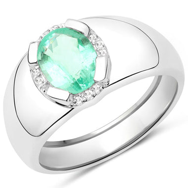 1.10 Carat Genuine Emerald and White Topaz .925 Sterling Silver Ring - 0