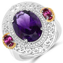 5.58 Carat Genuine Amethyst, Rhodolite and White Diamond 14K Yellow Gold with .925 Sterling Silver Ring-1