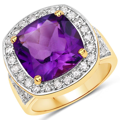 6.80 Carat Genuine Amethyst and White Diamond .925 Sterling Silver Ring
