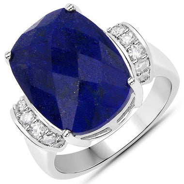 9.35 Carat Genuine Lapis and White Diamond .925 Sterling Silver Ring - 0