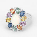3.92 Carat Genuine Ethiopian Opal, Multi Sapphire and White Diamond .925 Sterling Silver Ring-7