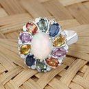 3.92 Carat Genuine Ethiopian Opal, Multi Sapphire and White Diamond .925 Sterling Silver Ring-11
