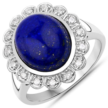 5.65 Carat Genuine Lapis and White Diamond .925 Sterling Silver Ring - 0