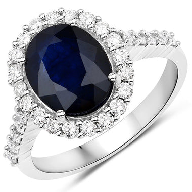 3.70 Carat Genuine Blue Sapphire and White Diamond 14K White Gold Ring - 0
