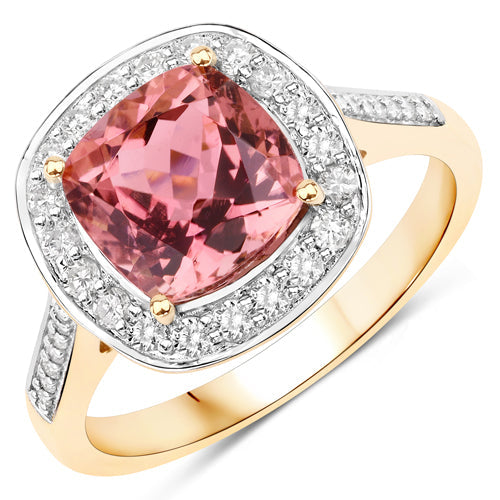 2.71 Carat Genuine Royal Pink Tourmaline and White Diamond 14K Yellow Gold Ring