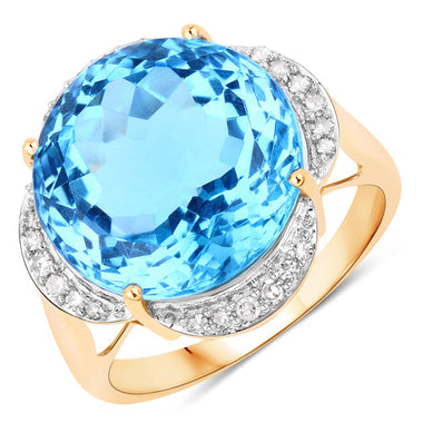 12.69 Carat Genuine Swiss Blue Topaz and White Diamond 14K Yellow Gold Ring - 0