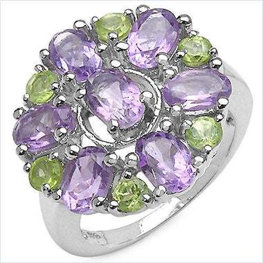 3.61 Carat Genuine Amethyst and Peridot .925 Sterling Silver Ring