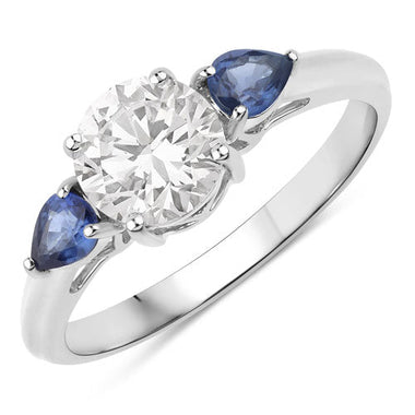 1.30 Carat Genuine Blue Sapphire and Lab Grown Diamond 14K White Gold Ring - 0