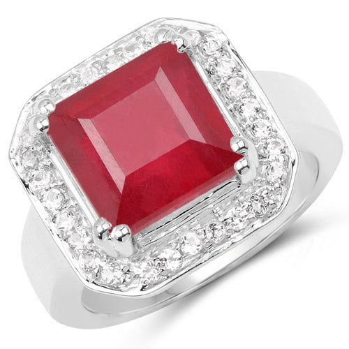 6.36 Carat Glass Filled Ruby and White Topaz .925 Sterling Silver Ring