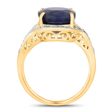 6.52 Carat Genuine Blue Sapphire and White Diamond 14K Yellow Gold Ring - 0