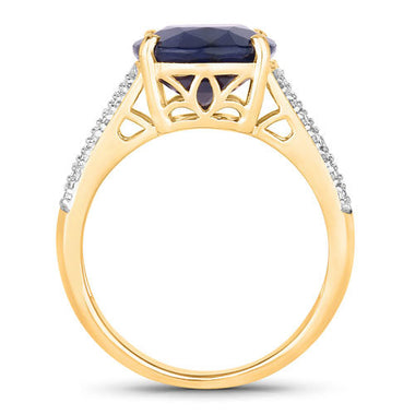 6.49 Carat Genuine Blue Sapphire and White Diamond 14K Yellow Gold Ring - 0