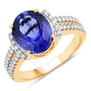 4.20 Carat Genuine Tanzanite and White Diamond 14K Yellow Gold Ring-1