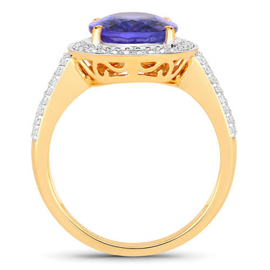4.02 Carat Genuine Tanzanite and White Diamond 14K Yellow Gold Ring - 0