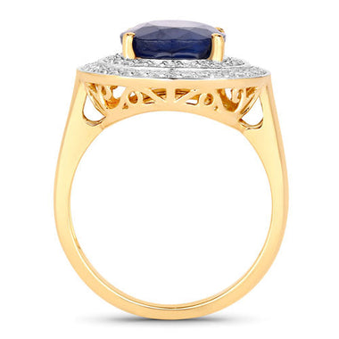 4.82 Carat Genuine Blue Sapphire and White Diamond 14K Yellow Gold Ring - 0
