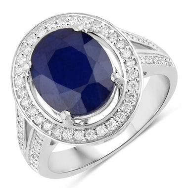 4.74 Carat Genuine Blue Sapphire and White Diamond 14K White Gold Ring