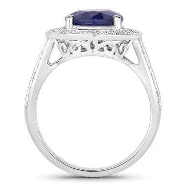 4.74 Carat Genuine Blue Sapphire and White Diamond 14K White Gold Ring - 0