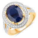 4.74 Carat Genuine Blue Sapphire and White Diamond 14K Yellow Gold Ring-1