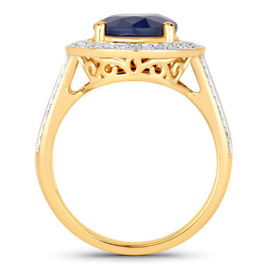 4.74 Carat Genuine Blue Sapphire and White Diamond 14K Yellow Gold Ring - 0