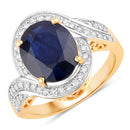 4.69 Carat Genuine Blue Sapphire and White Diamond 14K Yellow Gold Ring-1