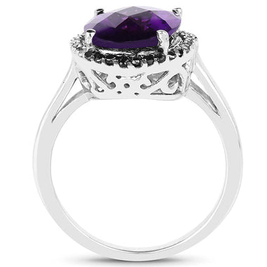 4.52 Carat Genuine Amethyst, Black Diamond & White Diamond .925 Sterling Silver Ring - 0