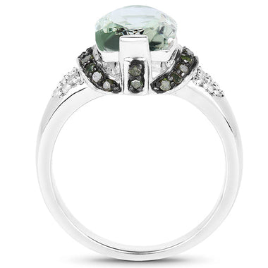 2.92 Carat Genuine Green Amethyst, Green Diamond & White Diamond .925 Sterling Silver Ring - 0