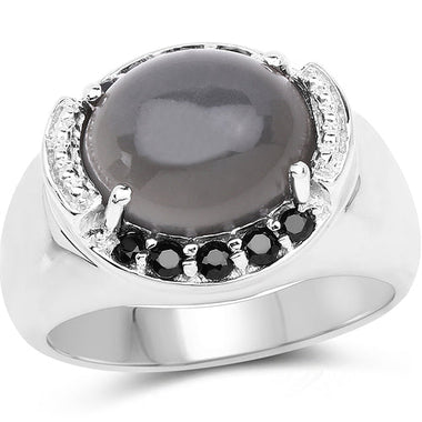 5.68 Carat Genuine Grey Moonstone & Black Spinel .925 Sterling Silver Ring - 0