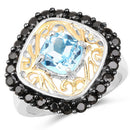 Two Tone Plated 2.85 Carat Genuine Swiss Blue Topaz and Black Spinel .925 Sterling Silver Ring-4