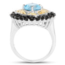 Two Tone Plated 2.85 Carat Genuine Swiss Blue Topaz and Black Spinel .925 Sterling Silver Ring-5