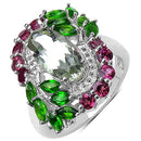 3.64 Carat Genuine Green Amethyst, Chrome Diopside and Rhodolite .925 Sterling Silver Ring-2