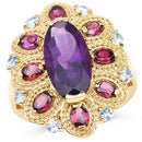 14K Yellow Gold Plated 6.80 Carat Genuine Amethyst, Rhodolite & Blue Topaz .925 Sterling Silver Ring-4